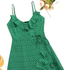 SHEIN green ruffle trim tie waist wrap dress with confetti heart print